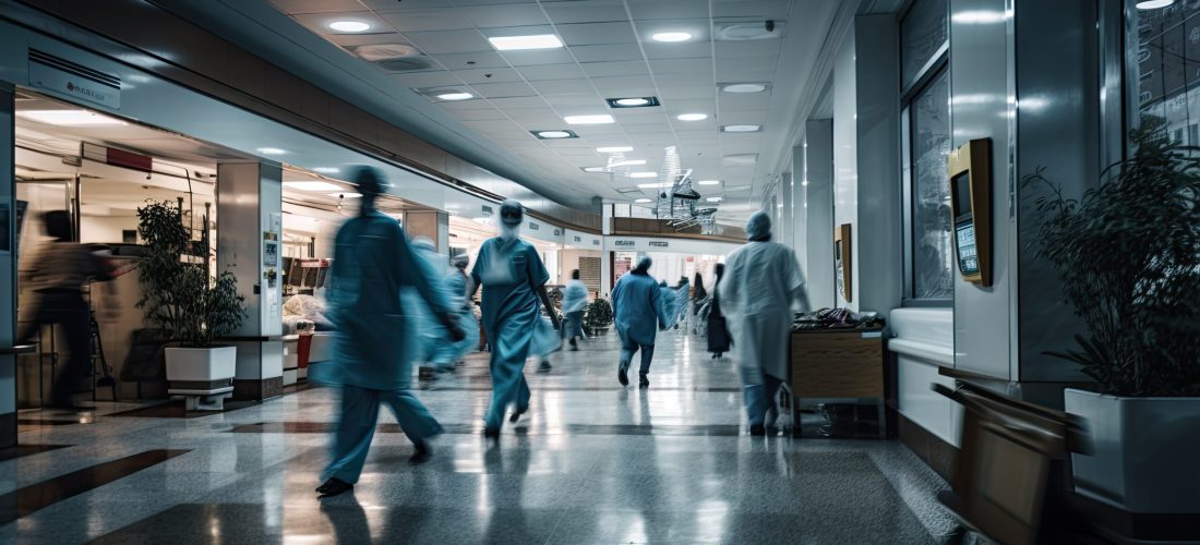 Dynamic shot of medical staff rushing through hospital corridors, epitomizing the urgency and pace of healthcare