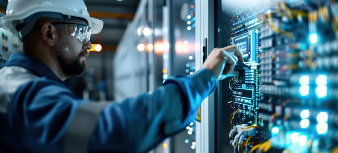 An engineer standing beside a cabinet with a BMS electrical installation, carefully checking its operation with precision instruments, showcasing intricate wiring and connections, in high definition An engineer standing beside a cabinet with a BMS electrical installation, carefully checking its operation with precision instruments, showcasing intricate wiring and connections, in high definition