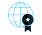 World globe with a blue ribbon and star, signaling international award/recognition.