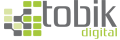 Logo for tobik digital: a grid of gray and lime squares on the left, followed by the word 'tobik' in gray and 'digital' in lime green.